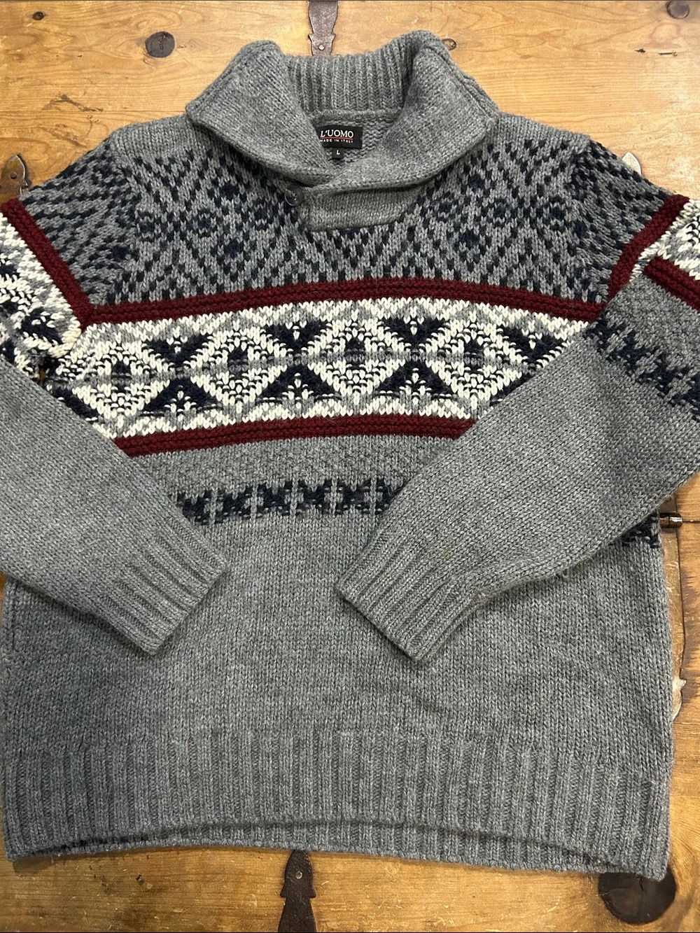 L’Uomo Made in Italy Men’s Fair Isle Shawl Collar Wool Blend Sweater Size Large
